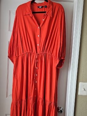 Lands' End Bright Red Button-Front Midi Dress